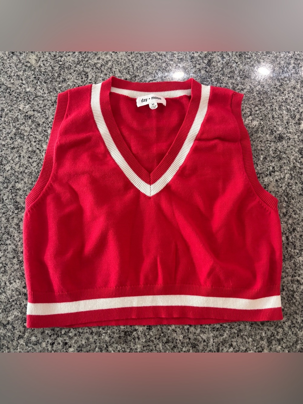 day + moon Red V-Neck Cropped Knit Vest with White Trim